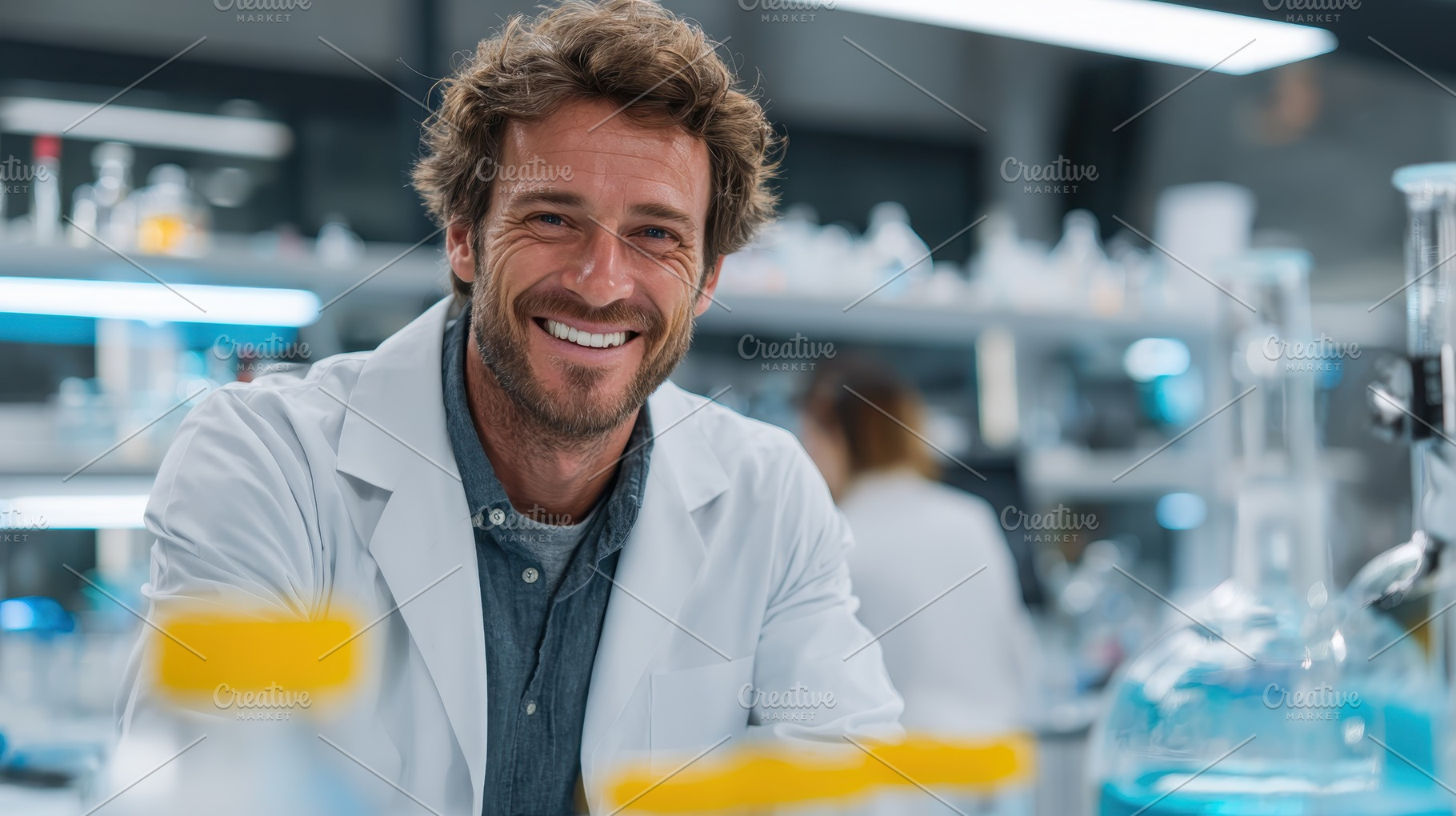 Smiling scientist in a lab coat work, a Photo by Pixeness Studio