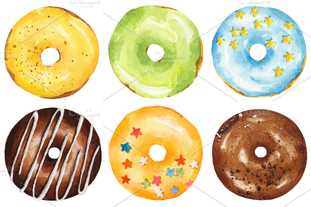 Set of watercolor delicious donuts, a Decorative Illustration by Nataliia Pyzhova (Photo 3 of 7)