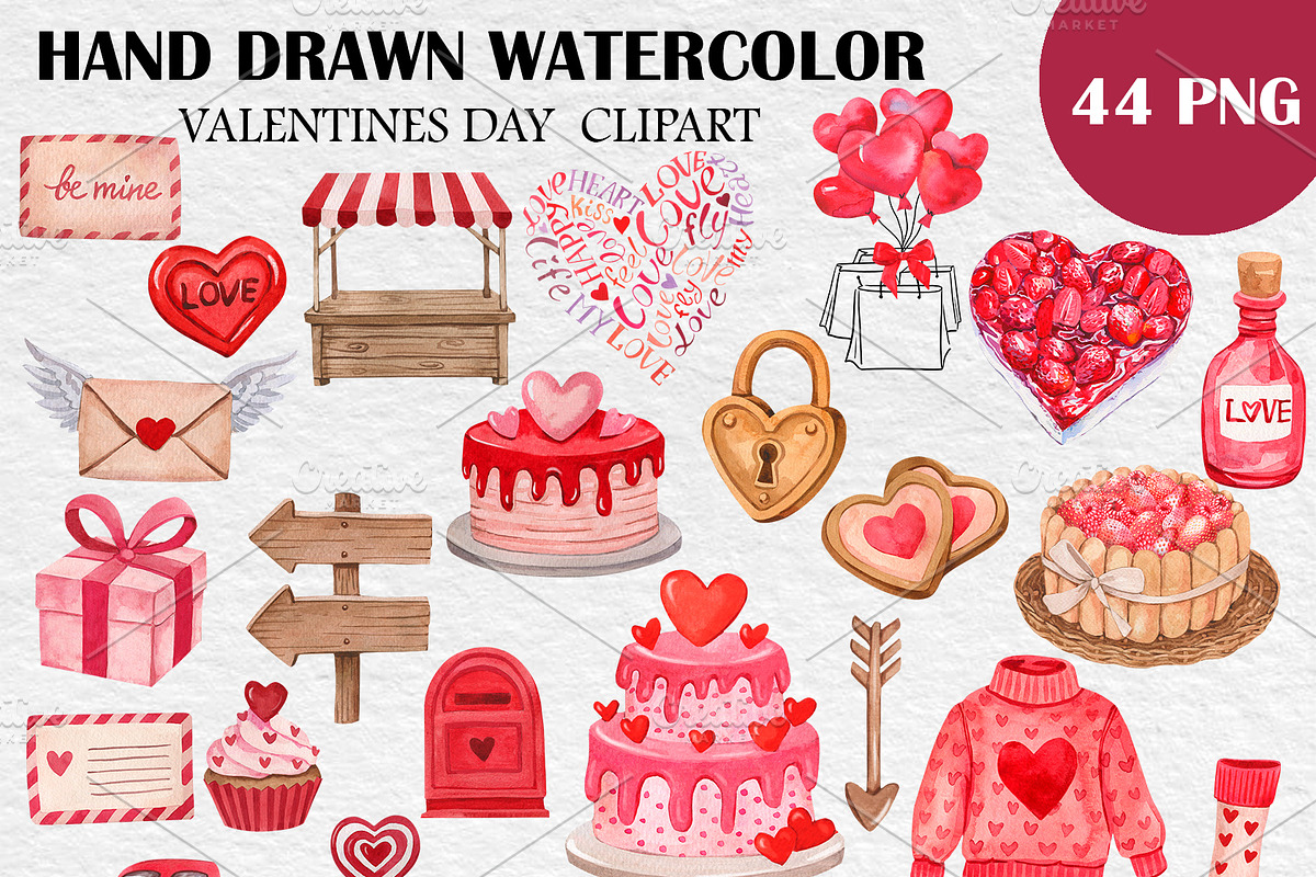 Watercolor Valentine Day Clipart PNG, a Seasonal Illustration by PatternPalette (Photo 2 of 7)