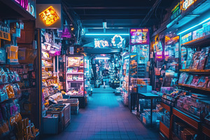 A vibrant market alley filled with colorful neon lights and various merchandise, an Industrial Photo by Textures & Backgrounds