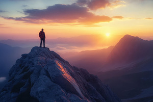 Sunset views from mountain peak, a Photo by Pavel_design