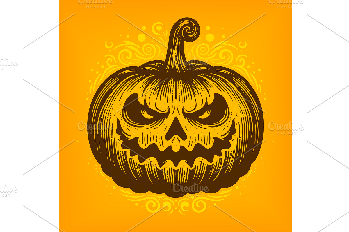 Scary Halloween Pumpkin on Orange, an Illustration by AlexArt