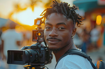 Young Professional African American Videographer Outdoors with Camera, a Photo by AS photostudio