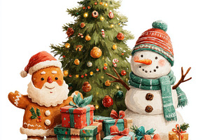 Gingerbread Santa and snowman with Christmas tree and colorful w, a Person Photo by José Manuel Gelpi