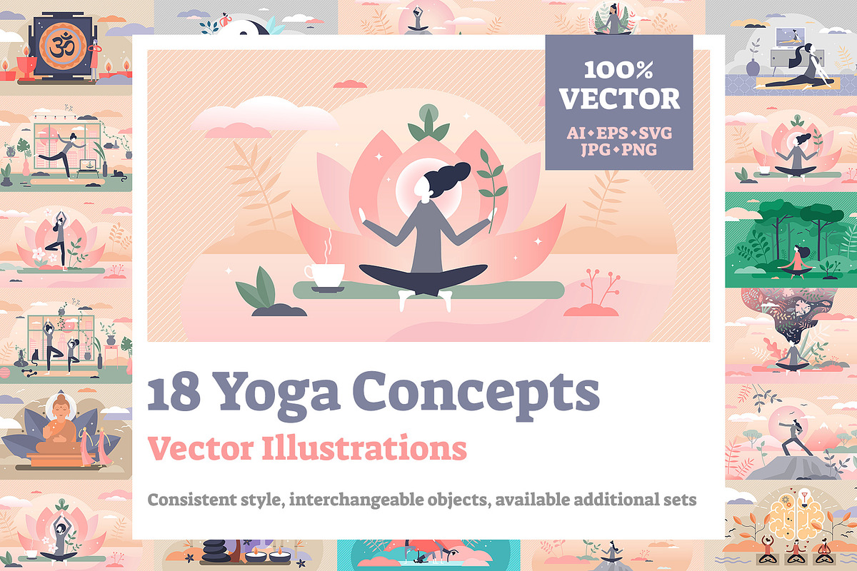 18 Yoga Concept Vector Illustrations, a Healthcare Illustration by VectorMine (Photo 1 of 9)