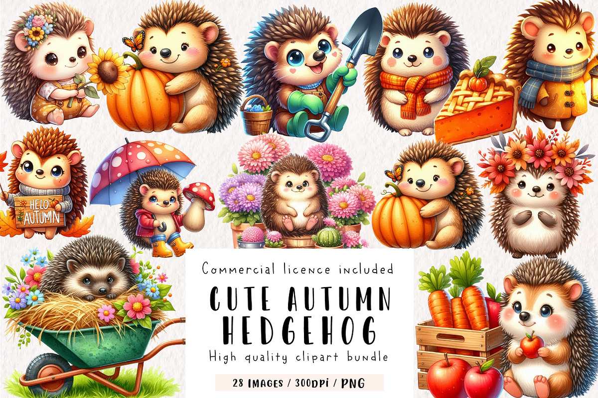 Cute Autumn Hedgehog Garden Clipart, an Illustration by CreationArt (Photo 1 of 9)