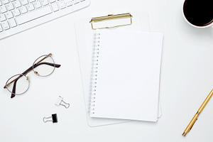 Flat lay composition with copy space. Mock up notebook. Office workspace and pr, a Photo by matucha