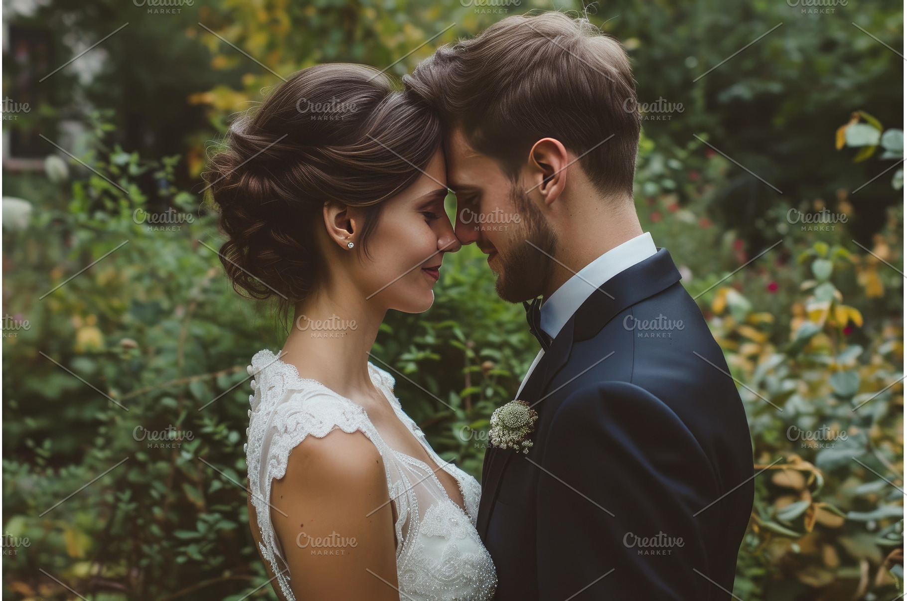 Romantic wedding couple embracing in, a Nature Photo by Ylivdesign