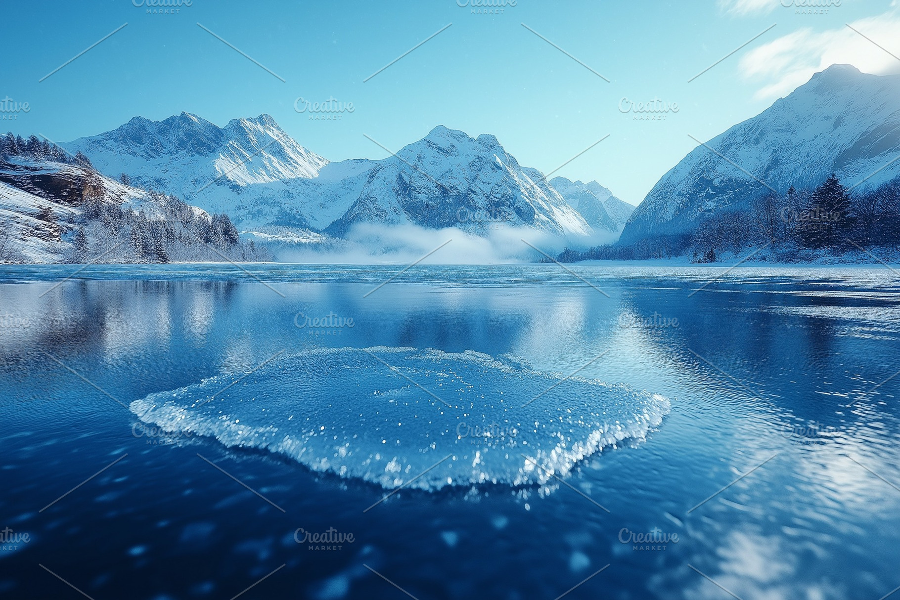A serene winter landscape featuring a frozen lake surrounded by majestic snow-c, a Background Photo by ImageMir