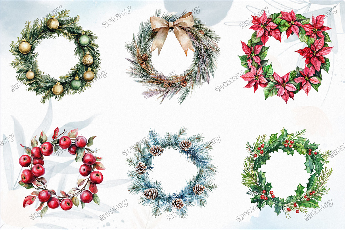 Watercolor Christmas Wreath Clipart, an Illustration by designcity5 (Photo 2 of 5)