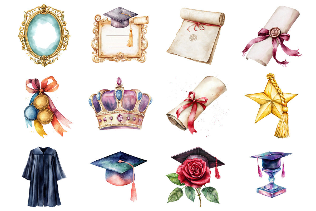Watercolor Graduation Clipart, an Illustration by Design Market (Photo 2 of 3)