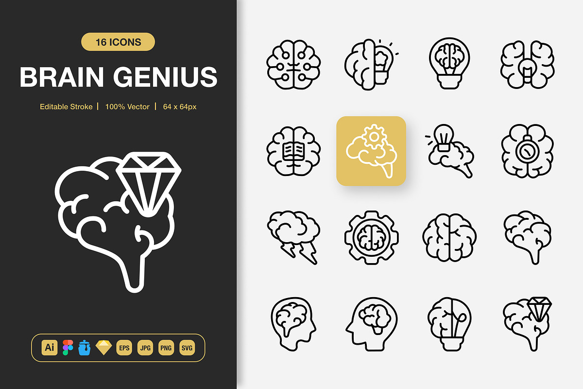 Brain Genius Icons, an Outline Icon by Spacepixel Creative