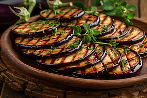 Grilled eggplants in plate on wooden table, a Food & Drink Photo by AlyaAnd