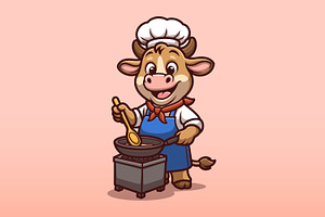 Cow Chef Cooking Cartoon Animal Char, an Animal Illustration by Gumrega Studio
