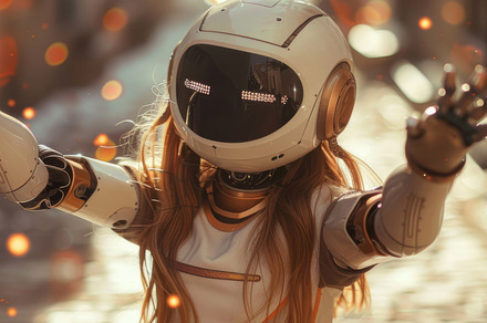 Futuristic Girl in Robotics Gear Dancing Joyfully with Glowing Sunset Backgroun, a Photo by AS photostudio
