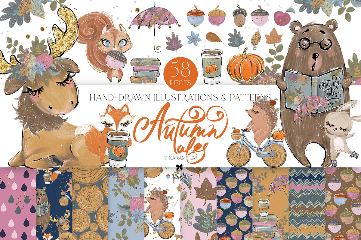 Fall Woodland Clipart & Patterns Kit, a Seasonal Illustration by KaramfilaS (Photo 2 of 25)