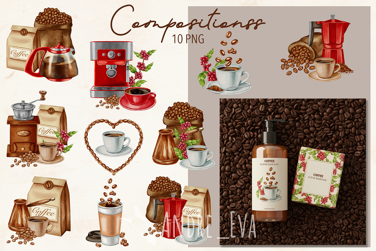 Watercolor Coffee Clipart/Pattern, a Food Illustration by Andre_Eva (Photo 3 of 10)