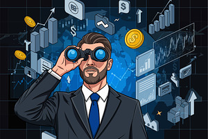Businessman with Binoculars and Fina, a Business Photo by angellodeco