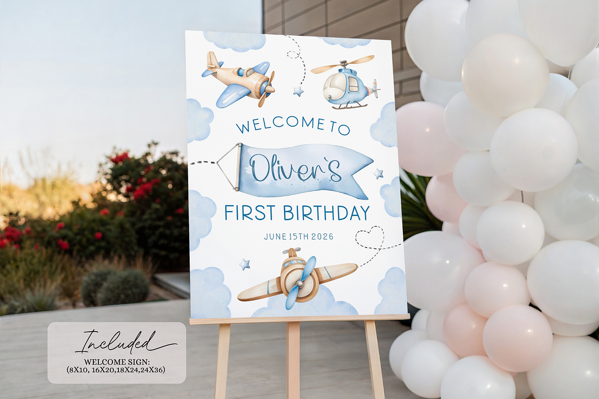 Airplane First Birthday Welcome Sign, a Templates & Theme by VeliusCreativeStudio (Photo 2 of 3)