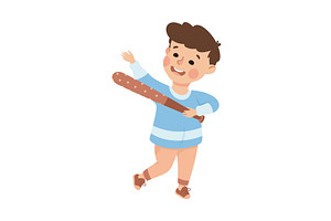 Little Boy With Wooden Stick Ready