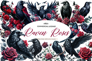 Watercolor Raven and Red Roses, an Illustration by CreationArt