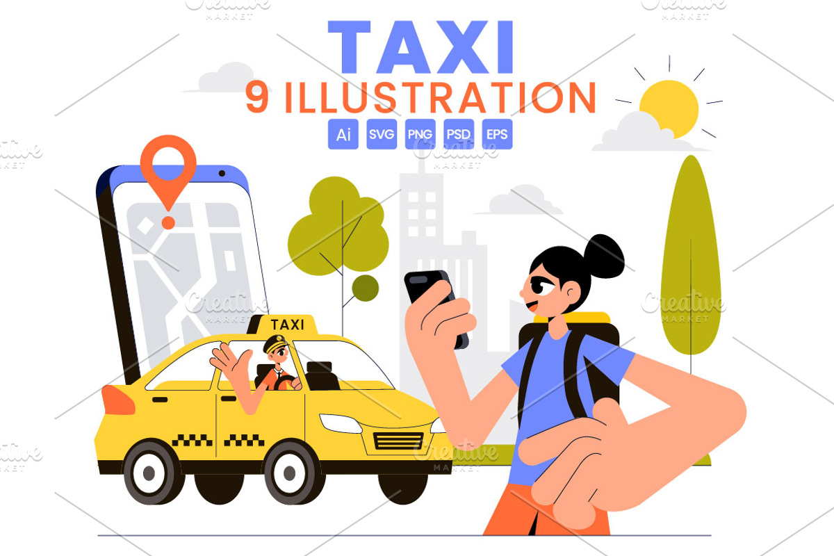 9 Taxi Travel Service Illustration, a Transportation Illustration by denayunebgt (Photo 1 of 3)
