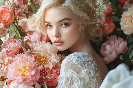 Elegant Woman Surrounded by Blooming, a Photo by Tanuart