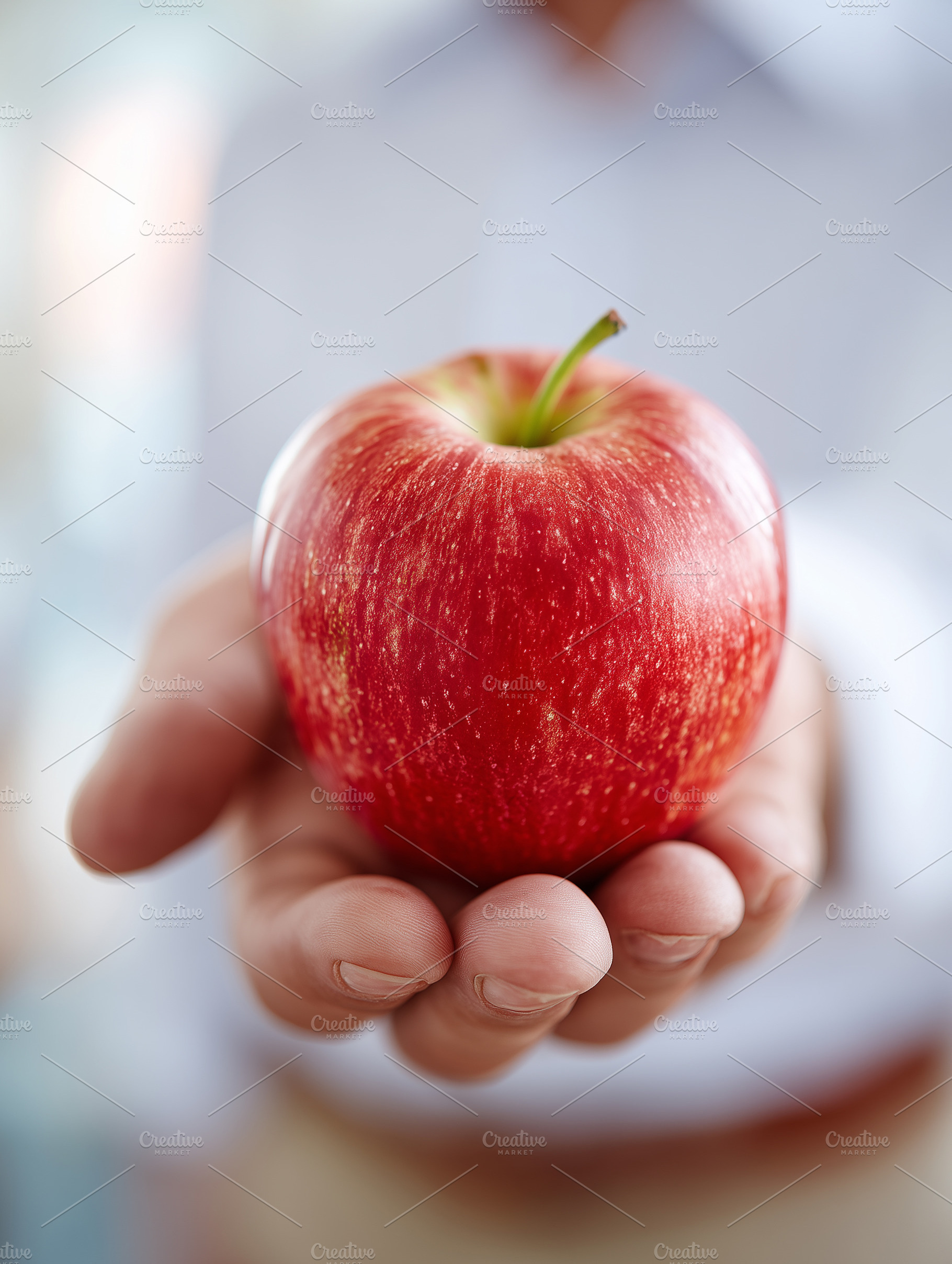 Close up of a fresh red apple held, a Food & Drink Photo by MistyDay
