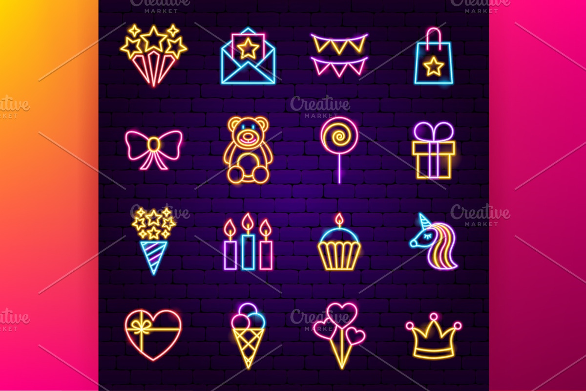 Party Neon Vector Icons Set