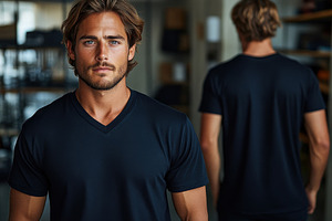 Stylish young man in black v-neck t-, a Photo by Tanuart