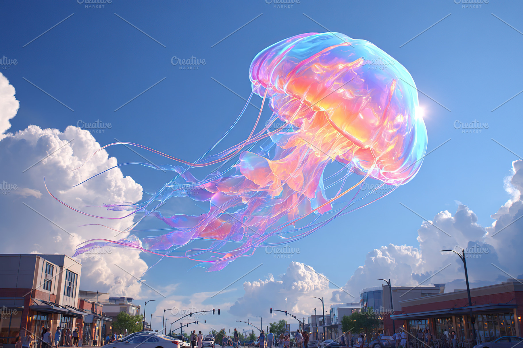 Colorful jellyfish floats above a busy city street under a bright blue sky, a Photo by AlyaAnd