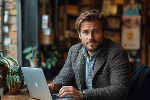 Young man working on a laptop in a c, a Photo by Tanuart