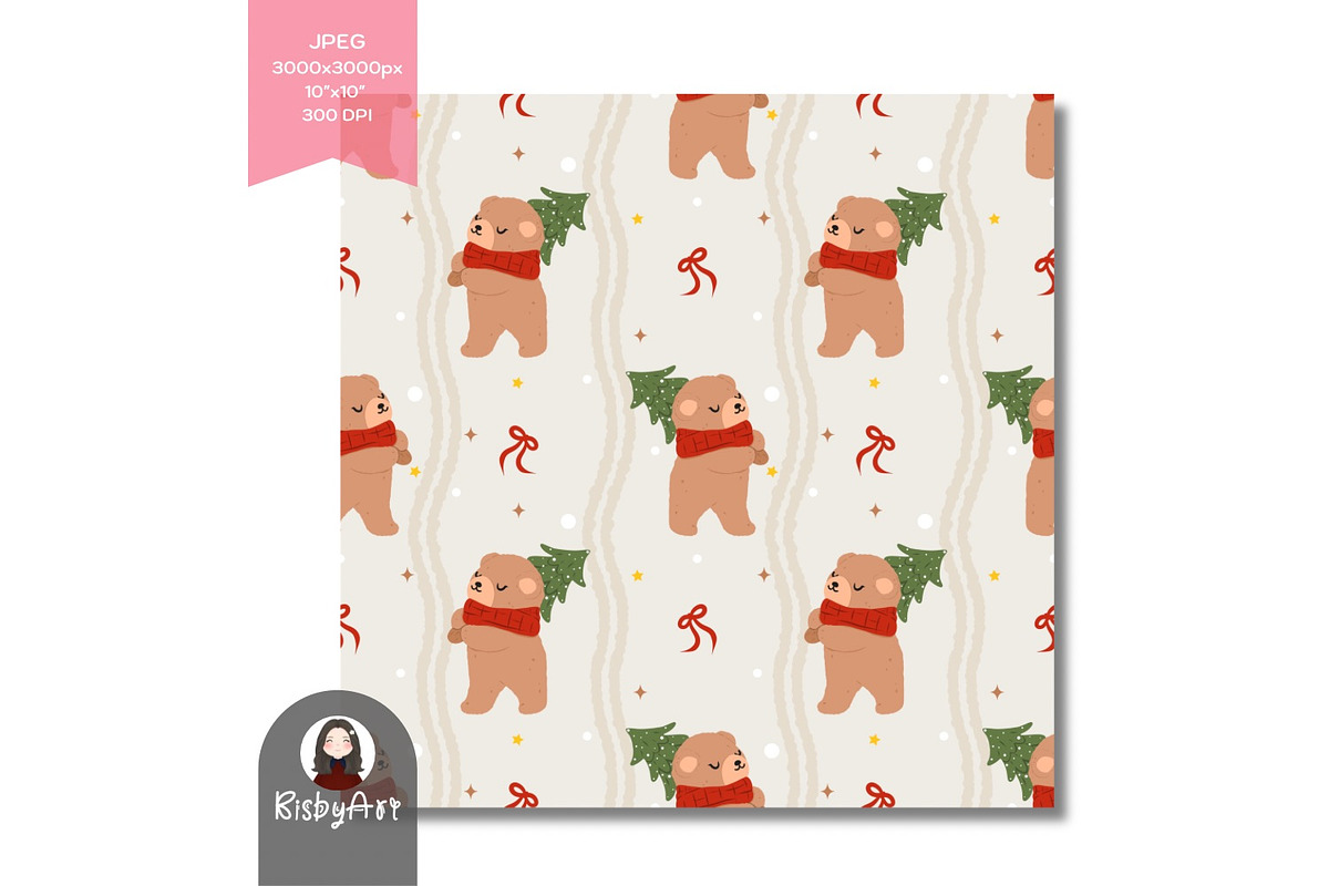 Coquette Christmas Bear Pattern, a Pattern Graphic by KisbyArt (Photo 2 of 3)