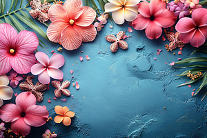 Colorful tropical flowers arranged on a blue background for decoration and desi, a Nature Photo by AlyaAnd