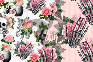 Pink Floral Skulls Digital Paper