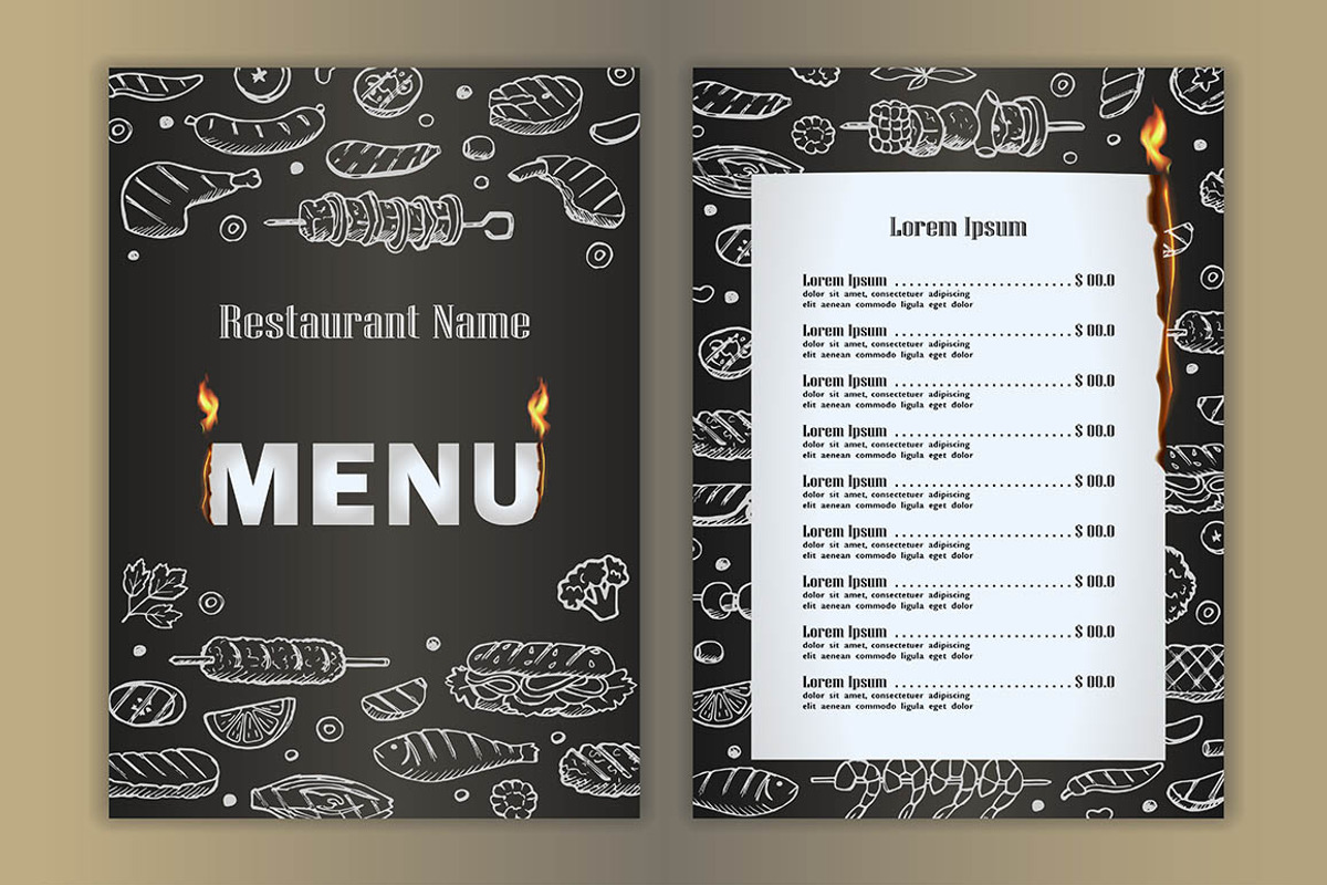 3 Fire Grill-BBQ Menus, a Product Mockup by Elena Lux