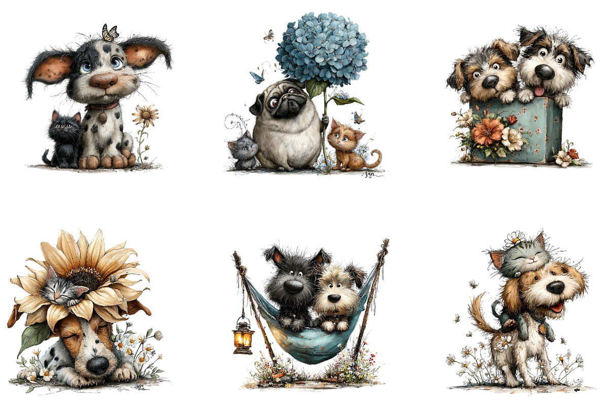 Whimsical Dog Cat Flower Clipart, a Seasonal Illustration by CreationArt (Photo 3 of 5)