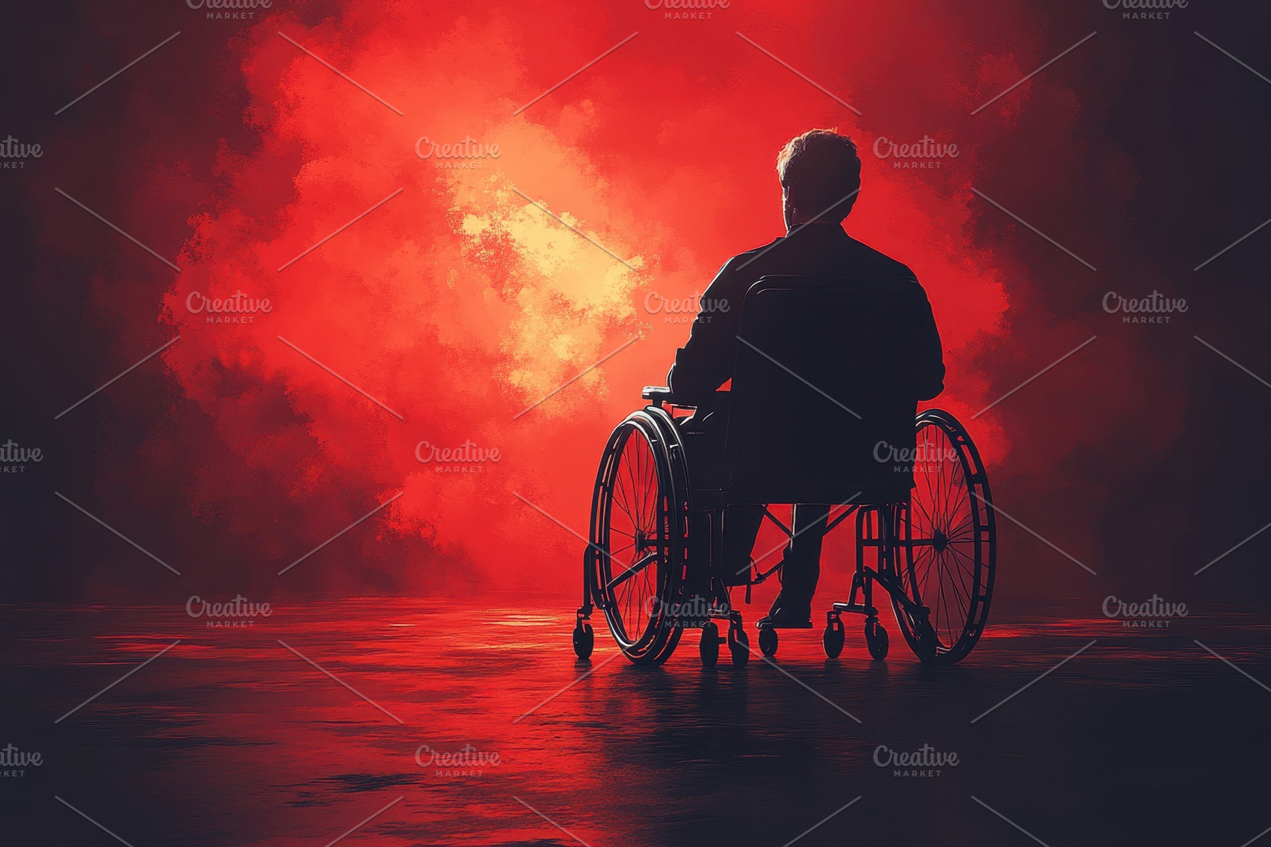Individual in a wheelchair gazes at, a Photo by Tanuart