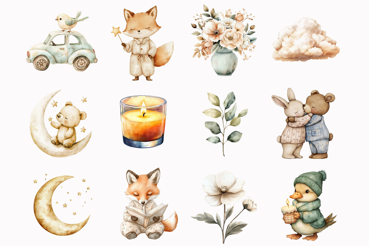 Watercolor Sleepy Animals Clipart, an Illustration by Design Market (Photo 2 of 7)