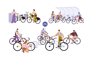 People parking bicycles at station, a Transportation Illustration by PaperTrident