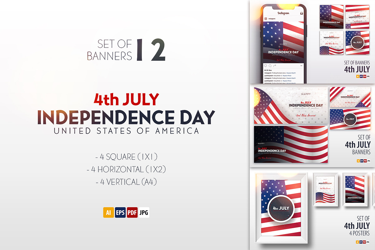 4th July. 12 banners and posters., a Social Media Template by Leo Edition (Photo 1 of 12)