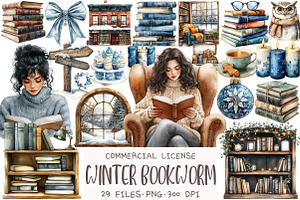 Watercolor Winter Bookworm Clipart, an Illustration by OK Design