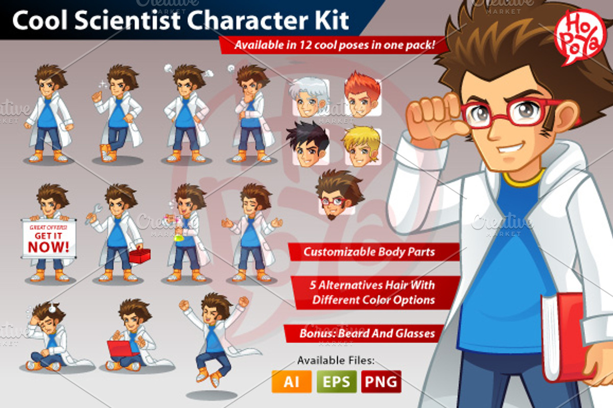 Cool Scientist Character Kit, an Illustration by mikailain