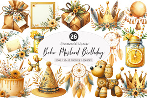 Boho Mustard Yellow Birthday Clipart, an Illustration by SinaCreation