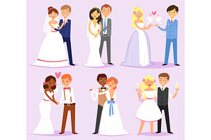 Wedding Couple Vector Married Bride Or Fiancee And Bridegroom Or Fiance Characters On Wed Illustration Set Of Loving Man And Woman In Weddingdress On 