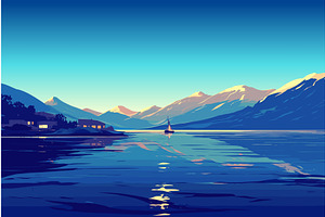 Cartoon sea bay at sunset, lonely, an Illustration by LadadikArt