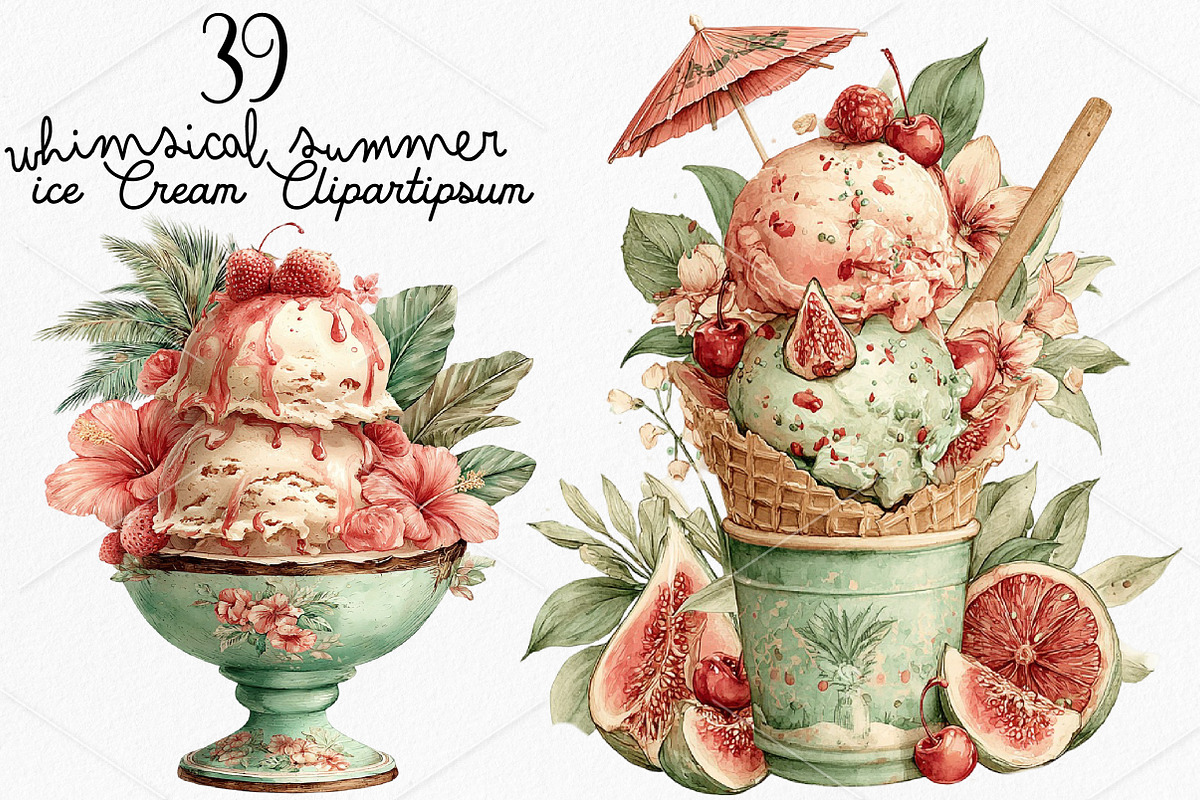 Whimsical Summer ice Cream Clipart, a Seasonal Illustration by Canvas Craft (Photo 1 of 7)