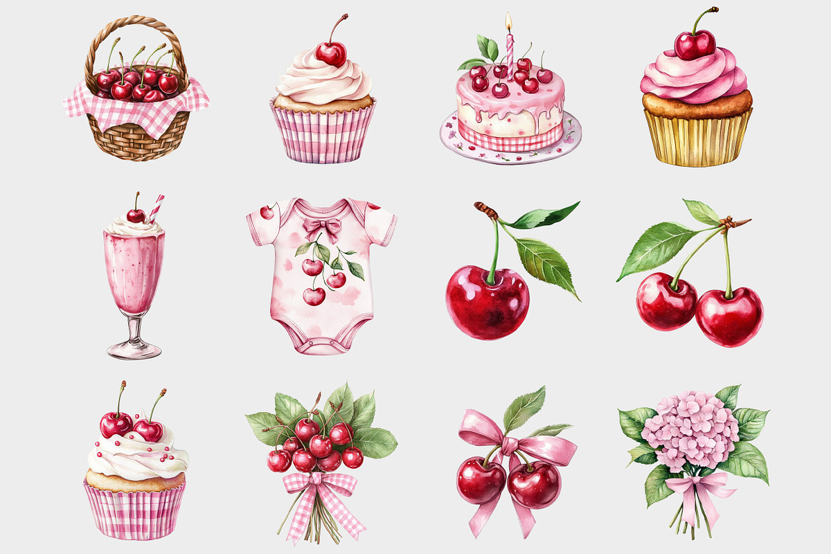 Watercolor Coquette Cherry Clipart, a Seasonal Illustration by Design Market (Photo 3 of 5)