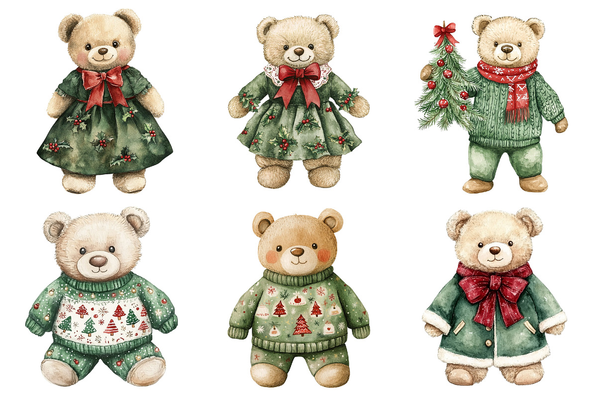 Watercolor Christmas Teddy Bear Clip, a Seasonal Illustration by CitraGraphics (Photo 2 of 7)