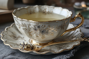 Elegant teacup saucer and spoon gold, a Photo by Pixeness Studio